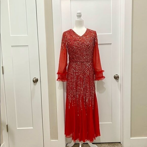 Vintage Red long-sleeve  beaded and sequined chiffon evening dress - Picture 14 of 14
